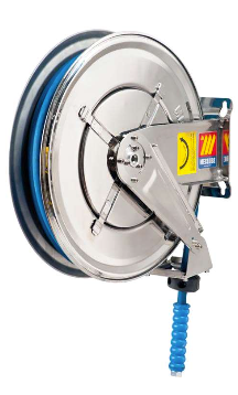 HOSE AND REEL, FOOD SAFE 304 STAINLESS CONSTRUCTION. PERFECT FOR WASHING DOWN, PROCESSING OPERATIONS AND HYGENE ON SITE. NO TRACE SYNTHETIC RUBBER FOR HOT WATER USE. GREAT TO ENSURE THE HIGHEST HYGIENE STANDARDS.  HIGHEST QUALITY- MADE IN ITALY.