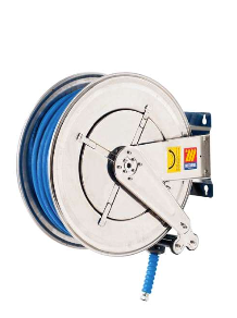 HOSE AND REEL, FOOD SAFE 304 STAINLESS CONSTRUCTION. PERFECT FOR WASHING DOWN, PROCESSING OPERATIONS AND HYGENE ON SITE. NO TRACE SYNTHETIC RUBBER FOR HOT WATER USE. GREAT TO ENSURE THE HIGHEST HYGIENE STANDARDS.  HIGHEST QUALITY- MADE IN ITALY.